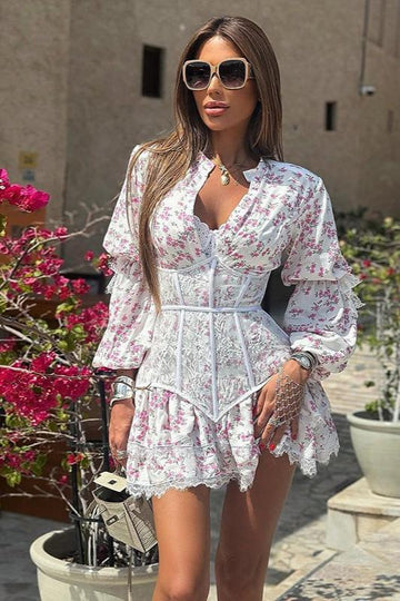 Woochic robe à manches longues col en V imprimée dentellle trapèze cintrée rose S